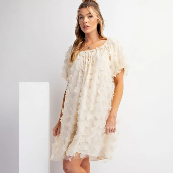 New! Easel Cream Floral Flower Applique Mesh Dress - Picture 1 of 6